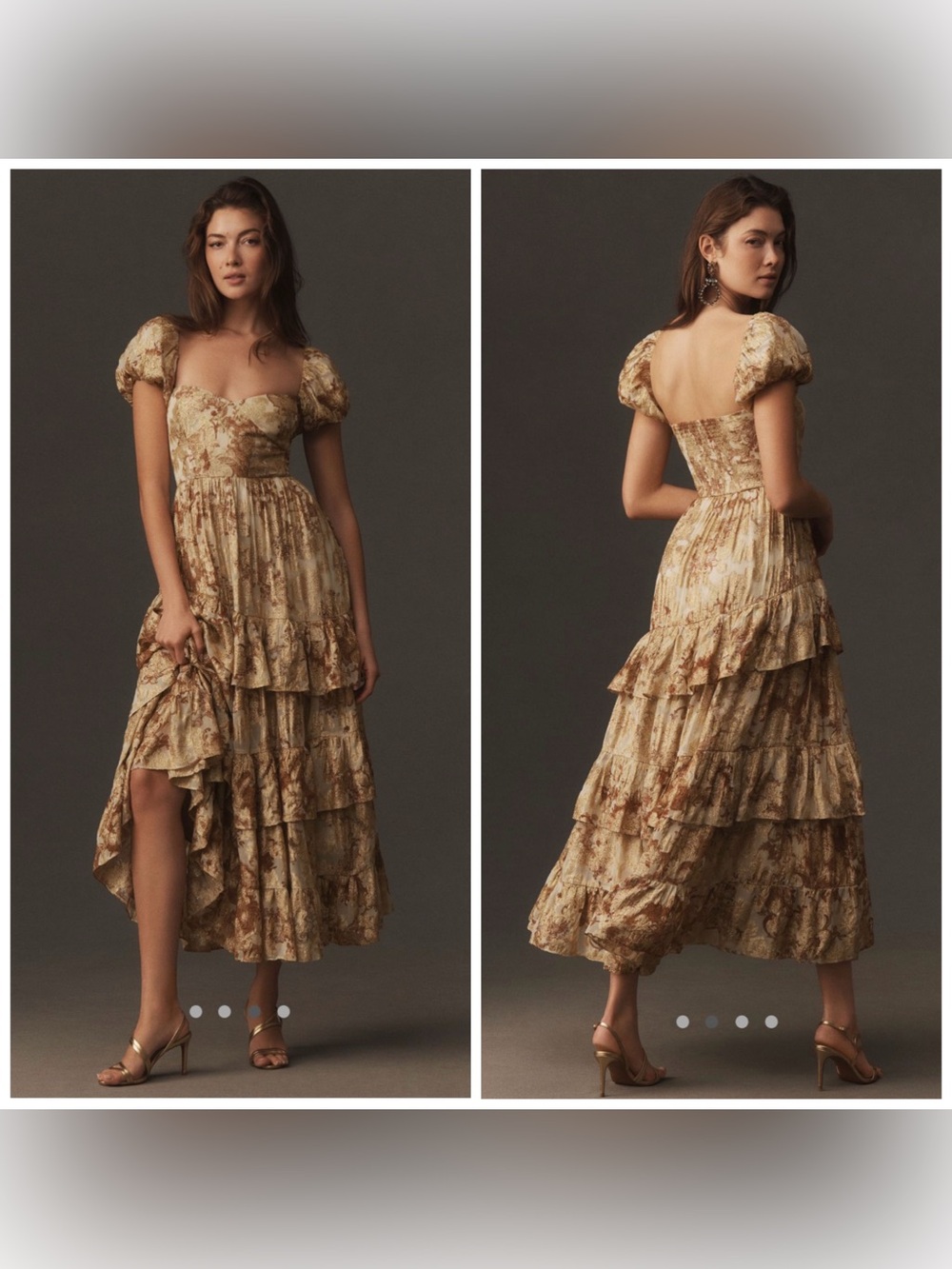 BHLDN Lurex Printed Tiered Puff Sleeve Dress Gold Metallic Size Large